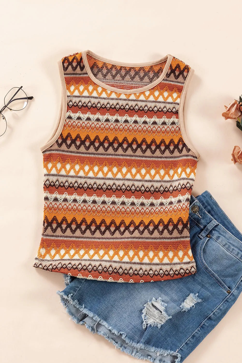 Orange Striped & Geo Jacquard Knit Tank Top - Chic Meadow Boutique 