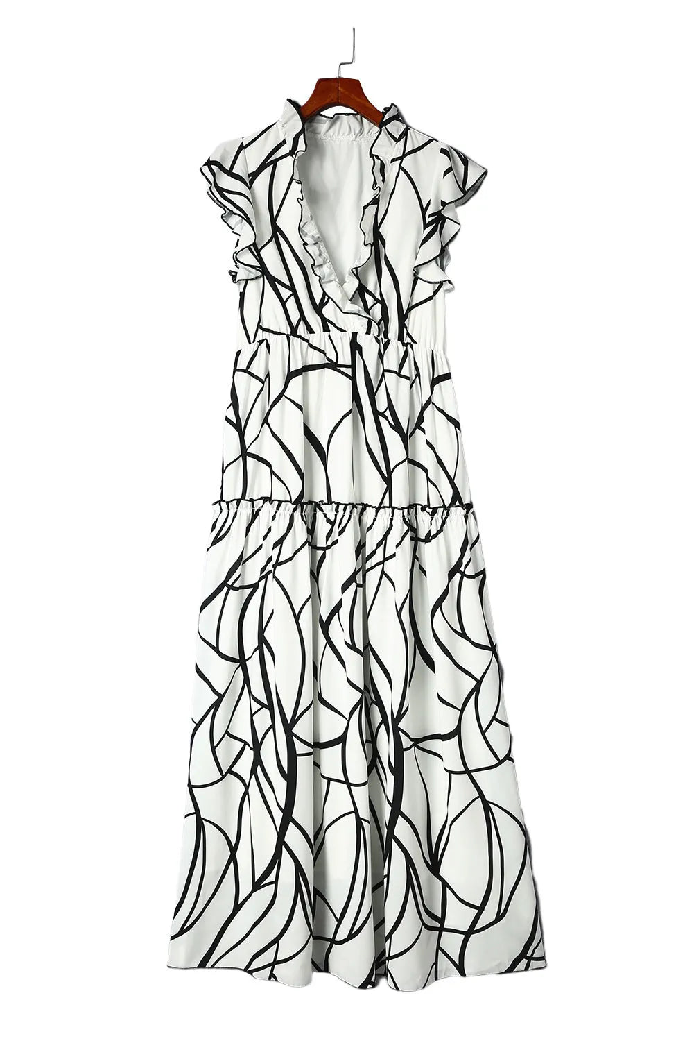 White Abstract Vein Print V Neck Ruffle Maxi Dress - Chic Meadow Boutique 