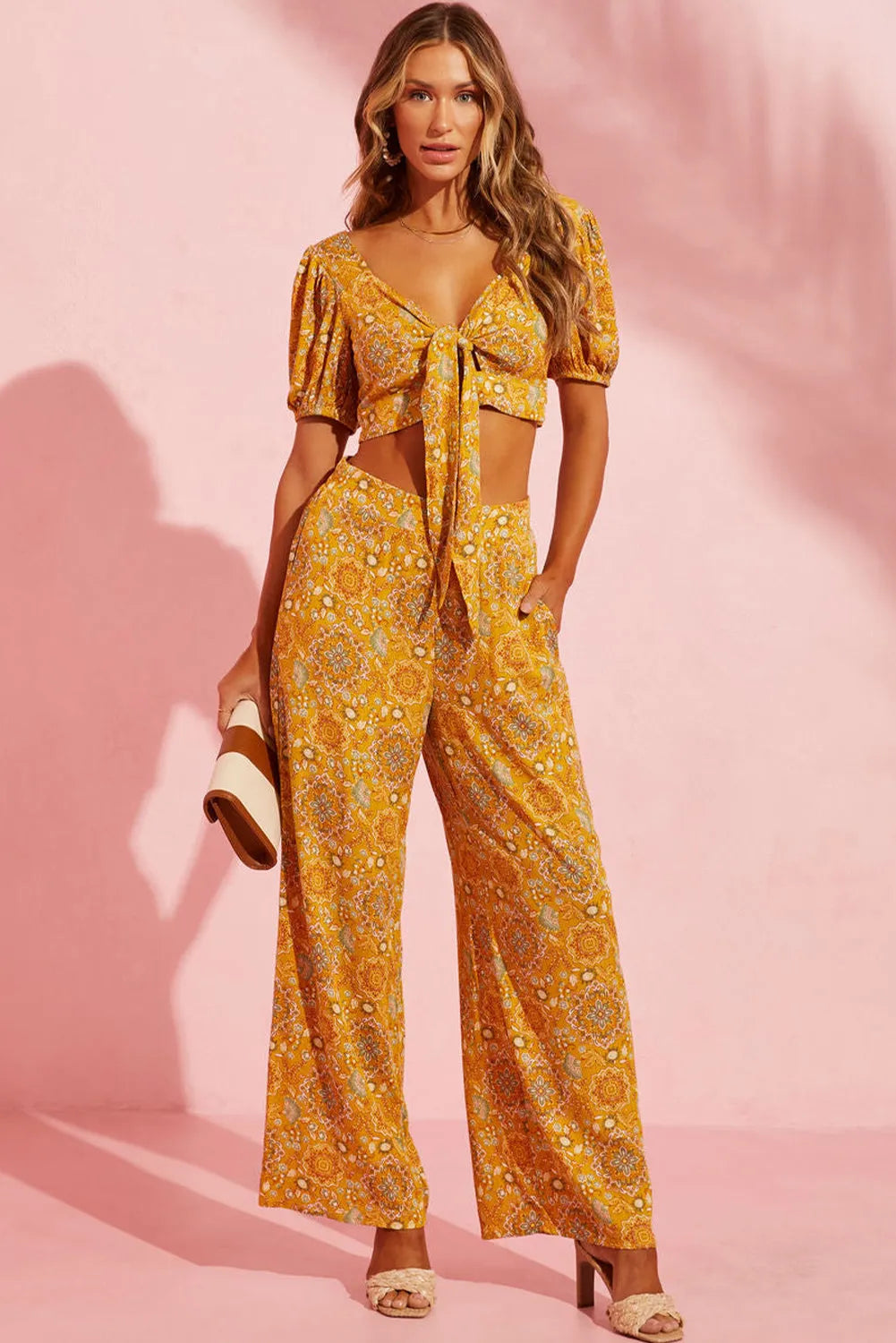 Bottoms/Pants & Culotte Yellow Bohemian Floral Print Pocketed Wide Leg Pants