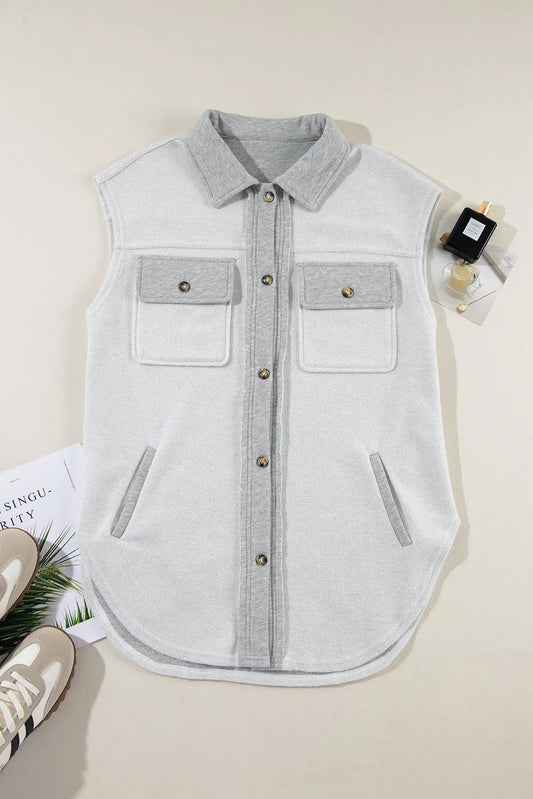 Light Grey Flap Pockets Contrast Buttons Front Jacket Vest - Chic Meadow Boutique 