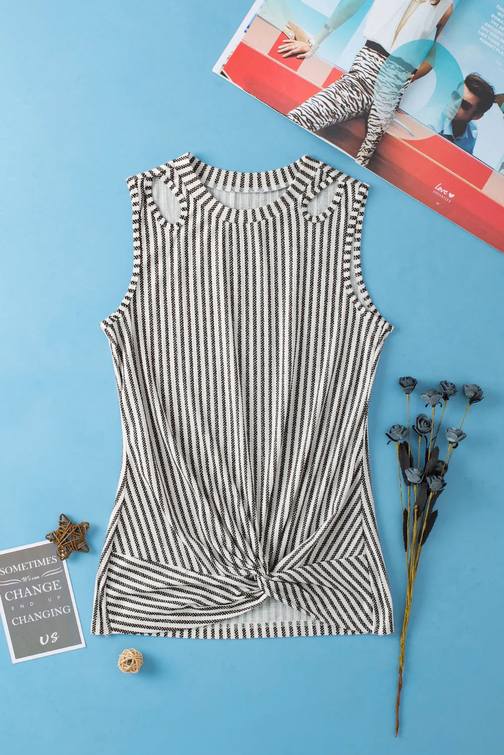 Gray Striped Cutout Twist Front Tank Top - Chic Meadow Boutique 