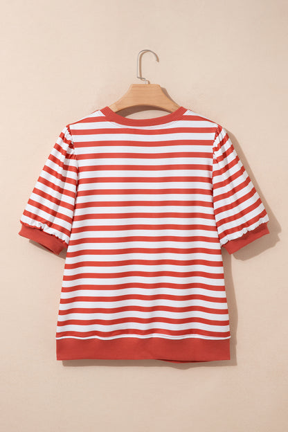 Orange Stripe Short Bubble Sleeve T Shirt