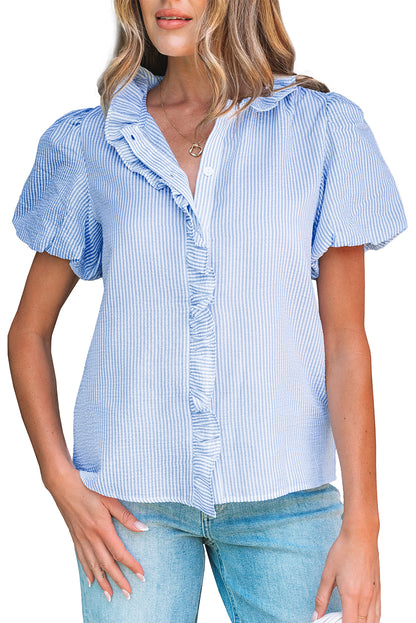 Beau Blue Striped Ruffle Short Bubble Sleeve Shirt