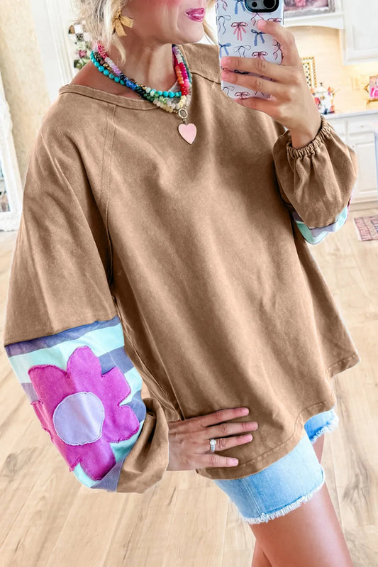 Dune Flower Patchwork Raglan Sleeve Exposed Seam Oversized Top - Chic Meadow Boutique 