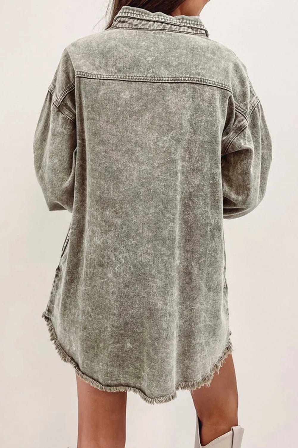 Sage Green Acid Wash Flap Pocket Raw Hem Tunic Denim Jacket - Chic Meadow Boutique 