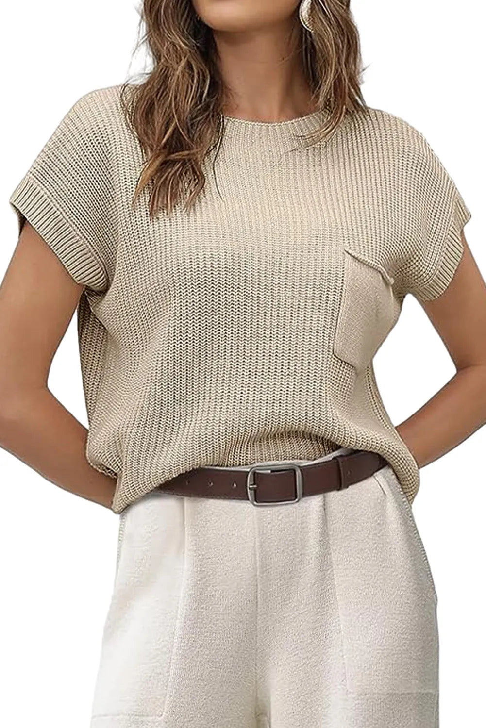 Pale Khaki Patch Pocket Short Sleeve Sweater - Chic Meadow Boutique 