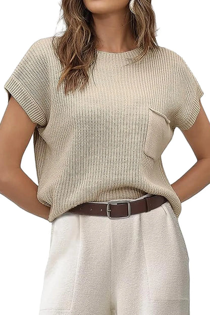 Pale Khaki Patch Pocket Short Sleeve Sweater - Chic Meadow Boutique 