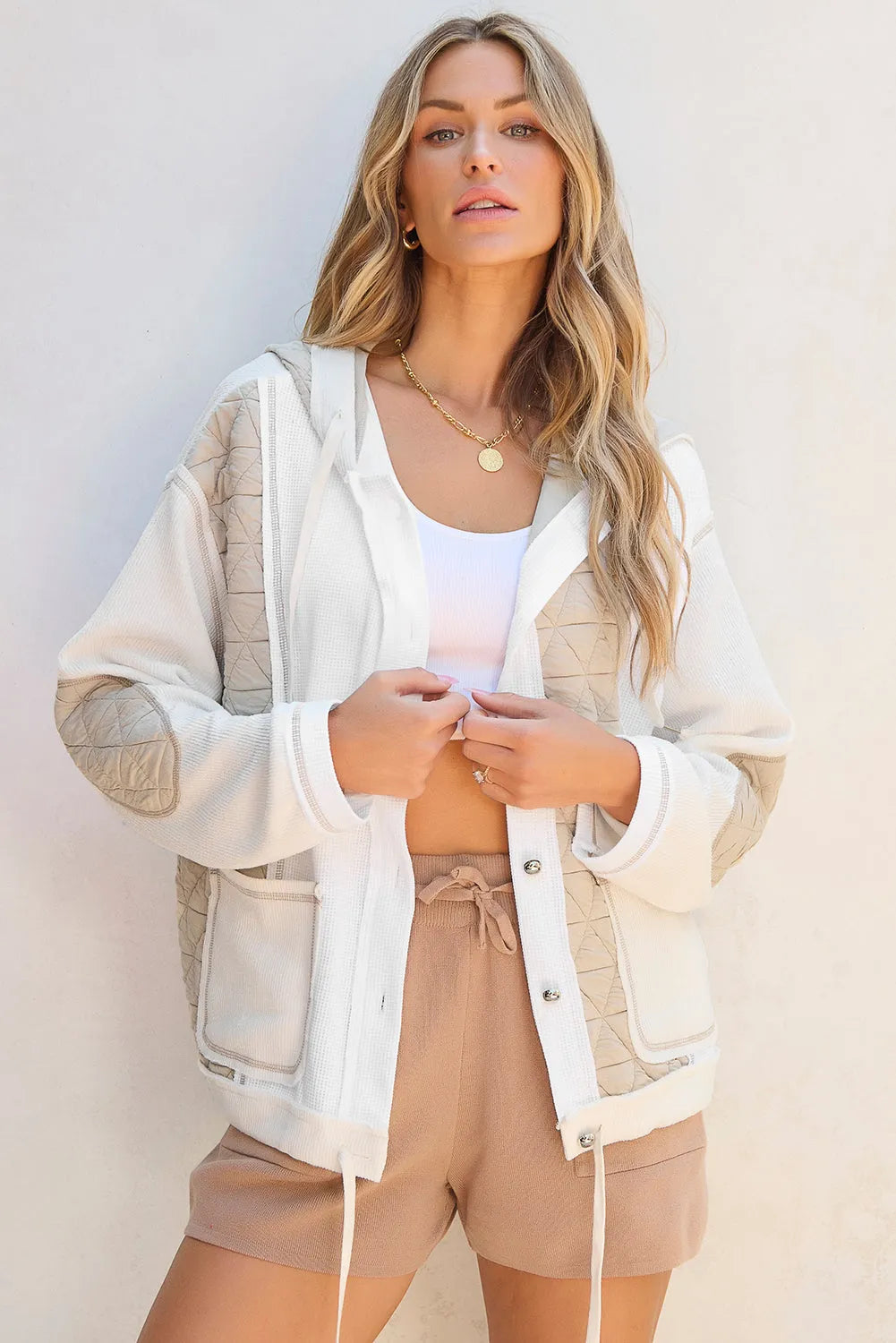 Beige Quilted Textured Patchwork Loose Fit Hooded Jacket - Chic Meadow Boutique 