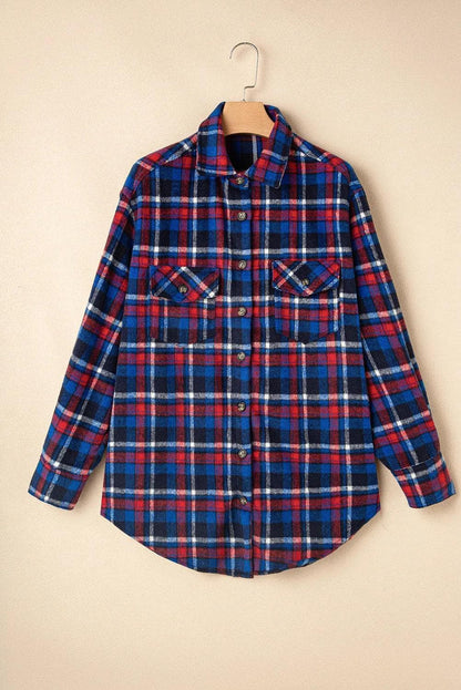 Outerwear/Plaid Shackets Navy Blue Plaid Flap Pocket Button Up Shacket