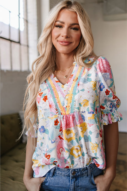 Pink Boho Flower Print Half Puff Sleeve Blouse
