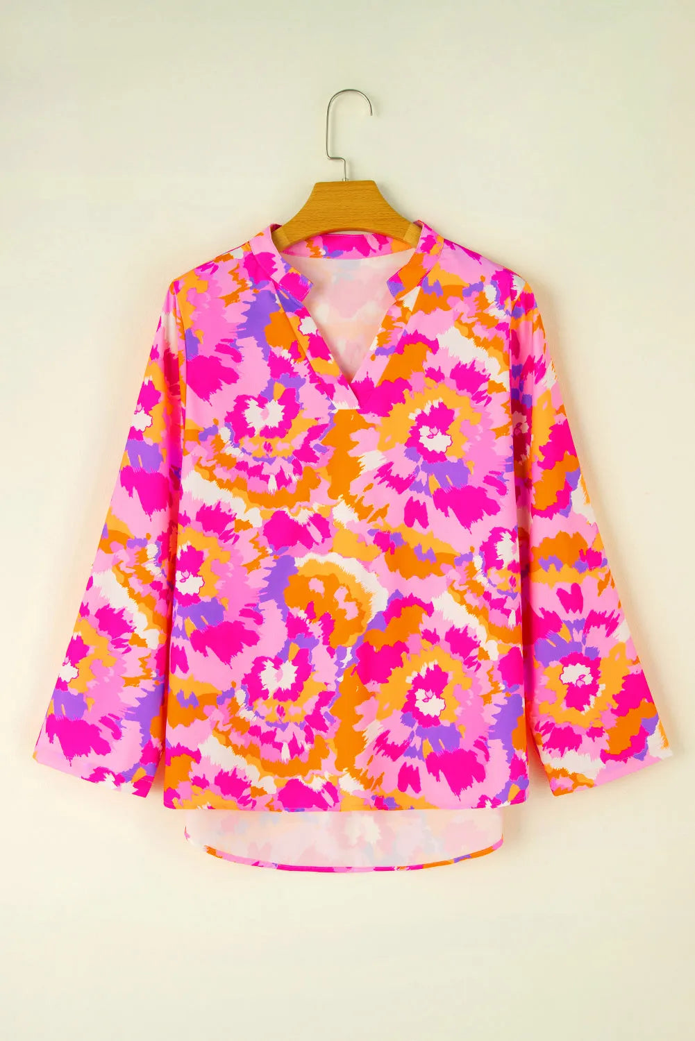 Pink Abstract Print Tab Sleeve Notched Neck Blouse - Chic Meadow Boutique 