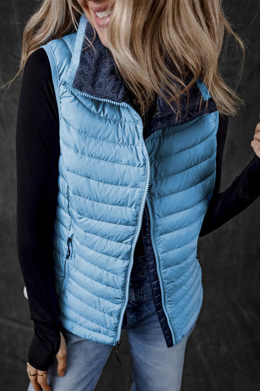 Sky Blue Plush Collared Quilted Zipped Puffer Vest - Chic Meadow Boutique 