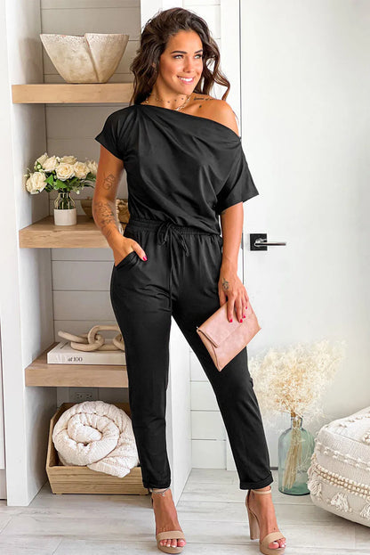 Black Tie Waist Short Sleeve Tapered Jumpsuit - Chic Meadow Boutique 