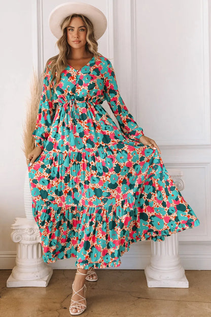 Multicolor Bohemia Print V Neck Ruffle Long Sleeve Maxi Dress - Chic Meadow Boutique 