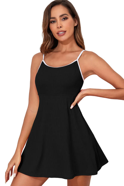 Black Sporty Ribbed Spaghetti Straps One Piece Swimdress - Chic Meadow Boutique 