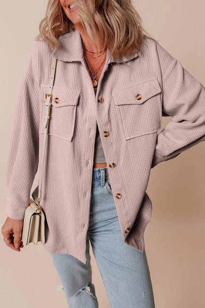 Outerwear/Jackets Light Pink / S / 75%Polyester+20%Viscose+5%Elastane Light Pink Corduroy Flap Pocket Button Up Shacket