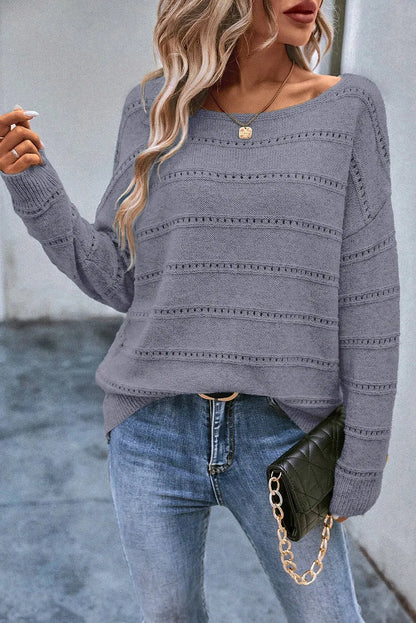 Light Grey Boat Neck Drop Shoulder Pointelle Knit Sweater - Chic Meadow Boutique 