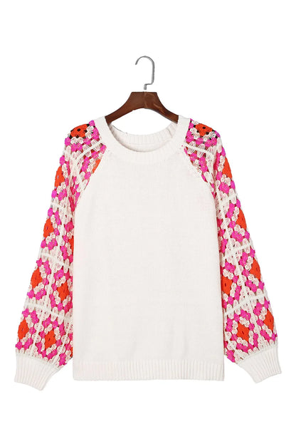 Rose Crochet Puff Sleeve Contrast Knit Sweater - Chic Meadow Boutique 