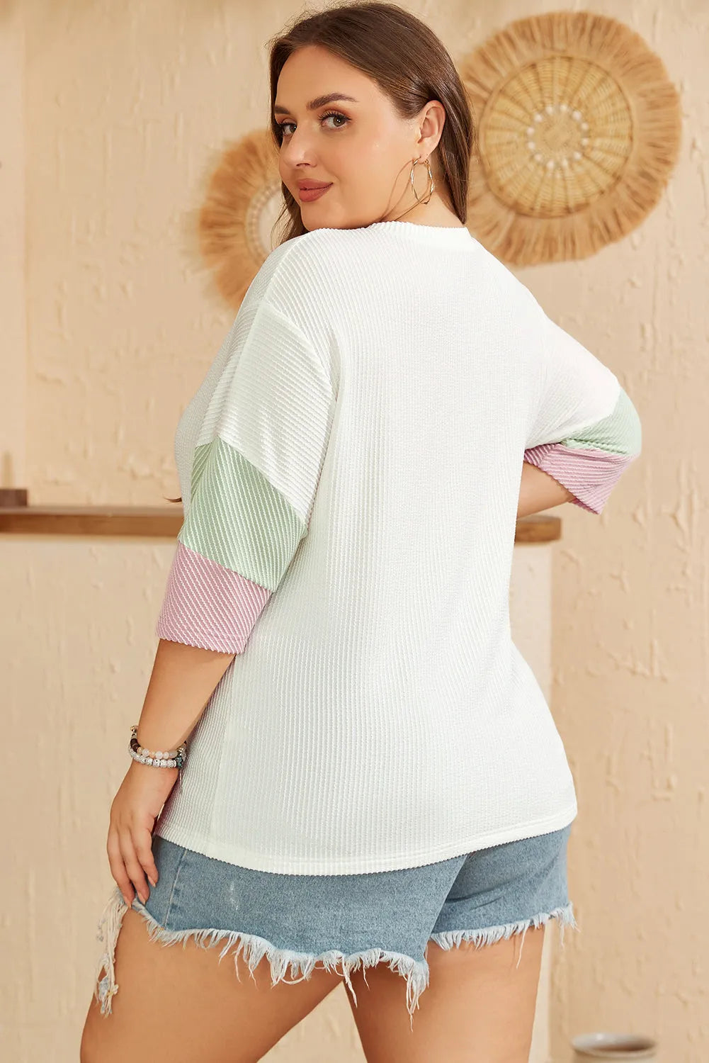 White Textured Colorblock Patchwork Half Sleeve Plus T Shirt - Chic Meadow Boutique 