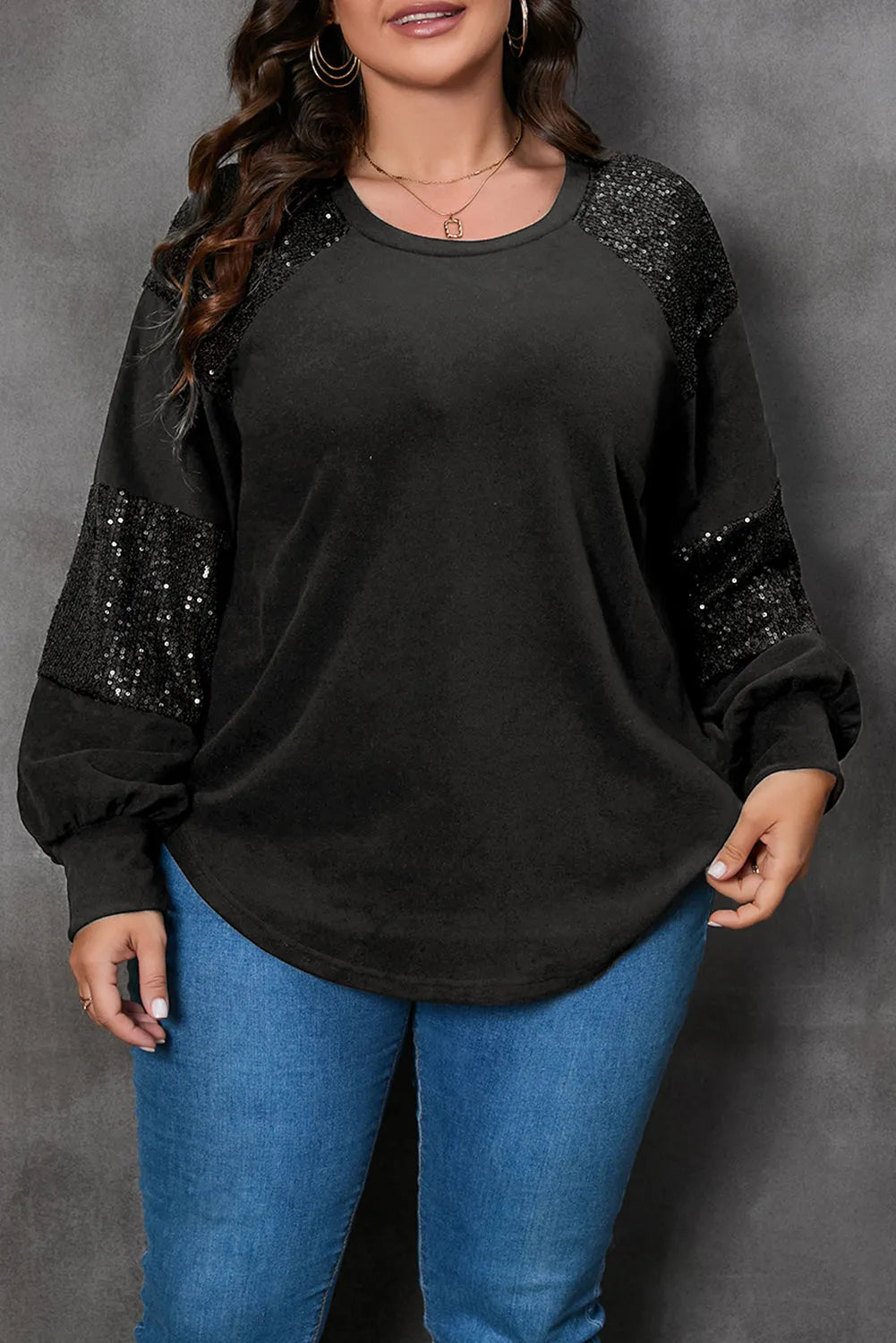 Black Plus Size Sequin Patchwork Crew Neck Long Sleeve Top - Chic Meadow Boutique 