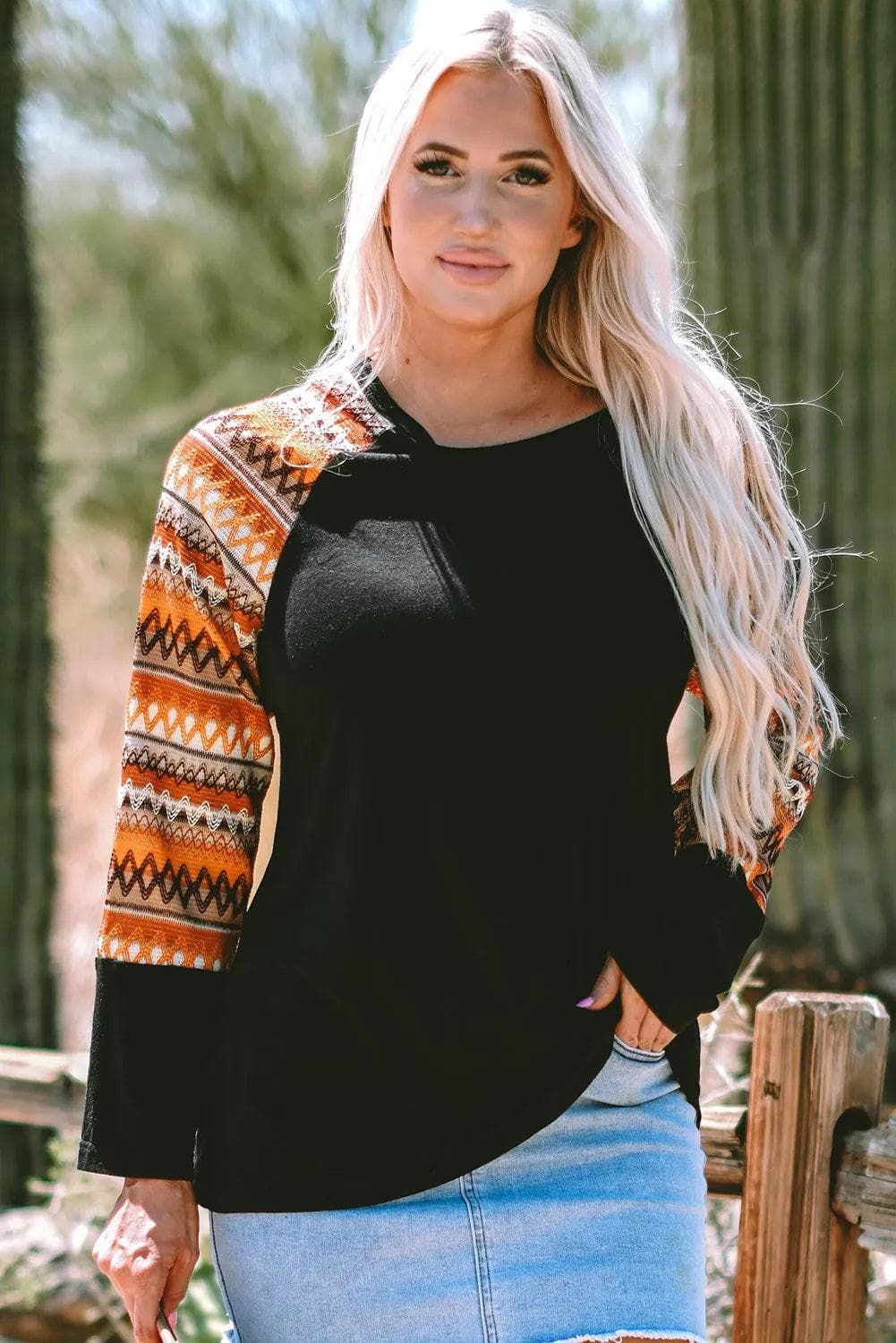 Tops/Long Sleeve Tops Orange Geo Print Raglan Patchwork Long Sleeve Tee