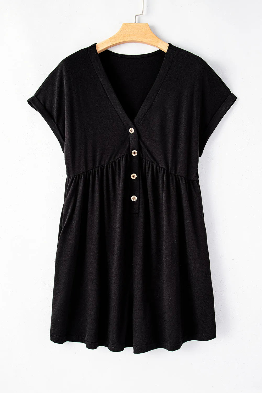 Black V Neck Buttons Loose Cuffed Short Sleeve Romper - Chic Meadow Boutique 