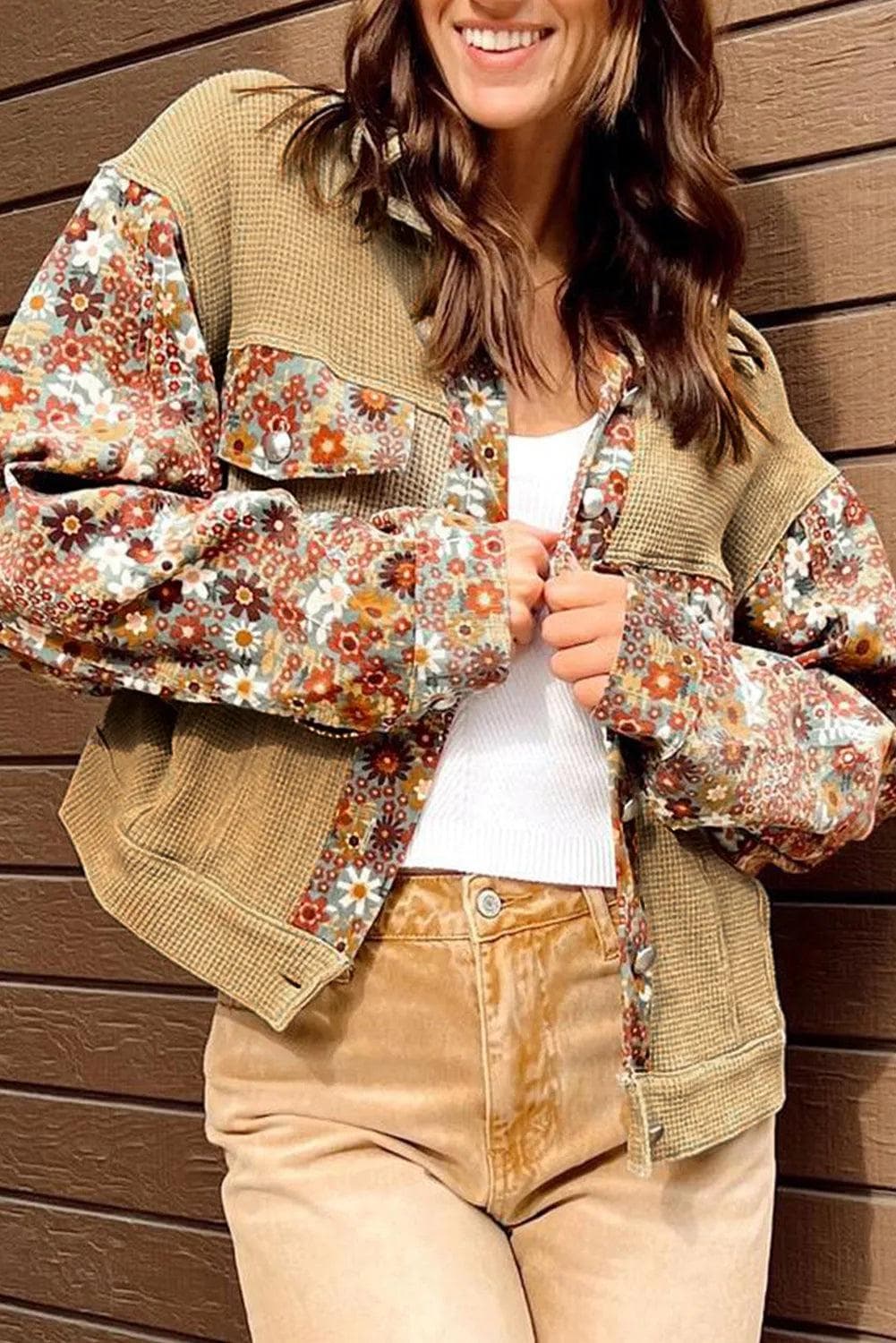 Outerwear/Jackets Khaki / S / 65%Cotton+35%Polyester Khaki Waffle Knit Floral Print Patchwork Button up Jacket