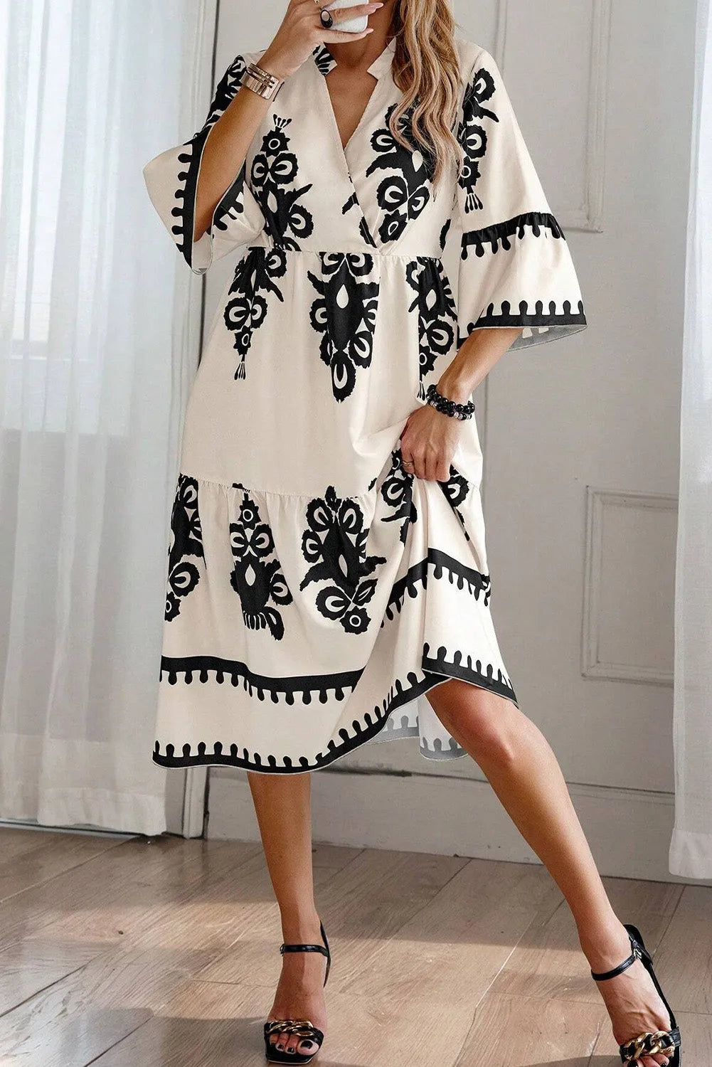 Beige Western Geometric Print 3/4 Sleeve Loose Midi Dress - Chic Meadow Boutique 