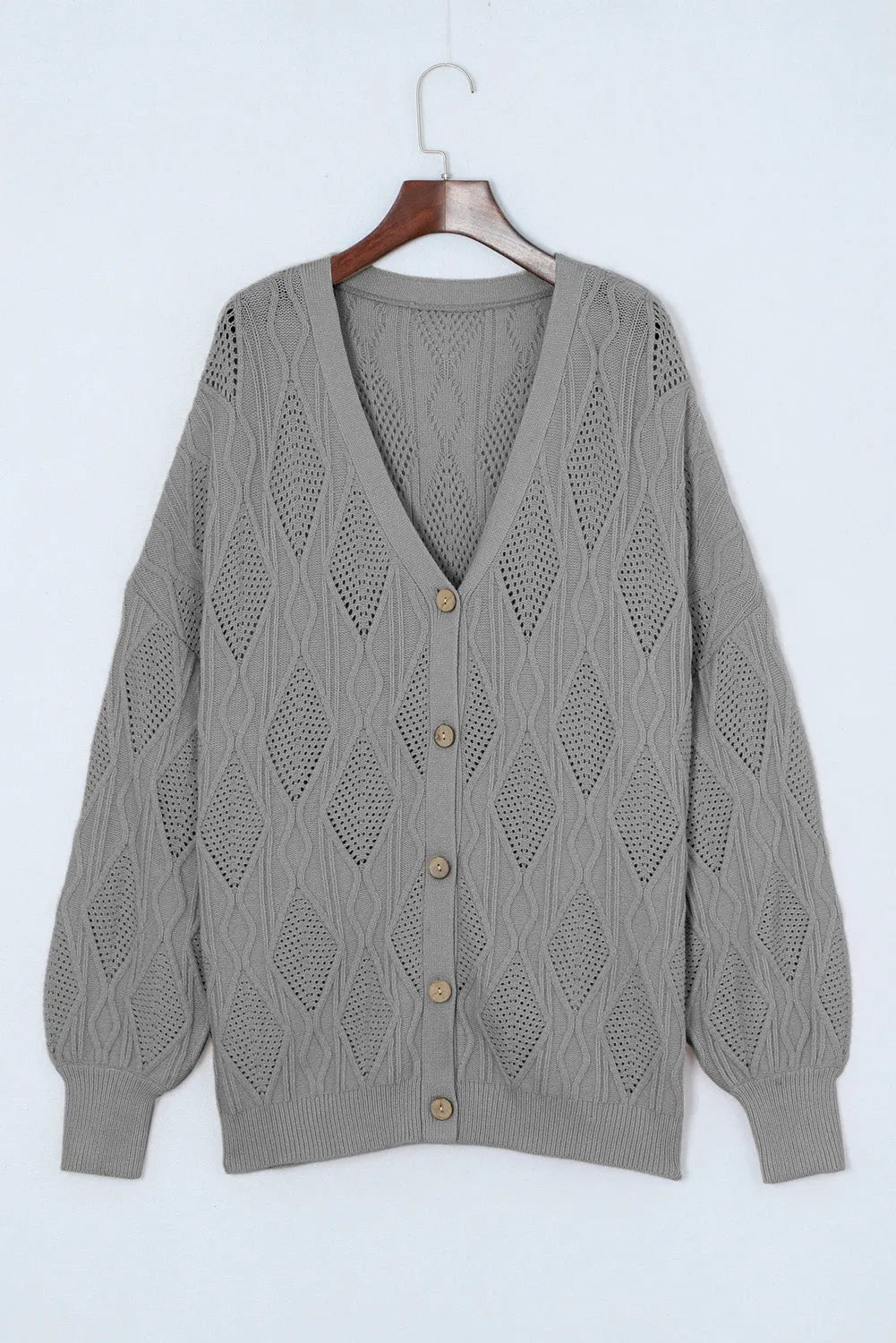 Gray Plus Size Knitted Hollow out Button up Cardigan - Chic Meadow Boutique 