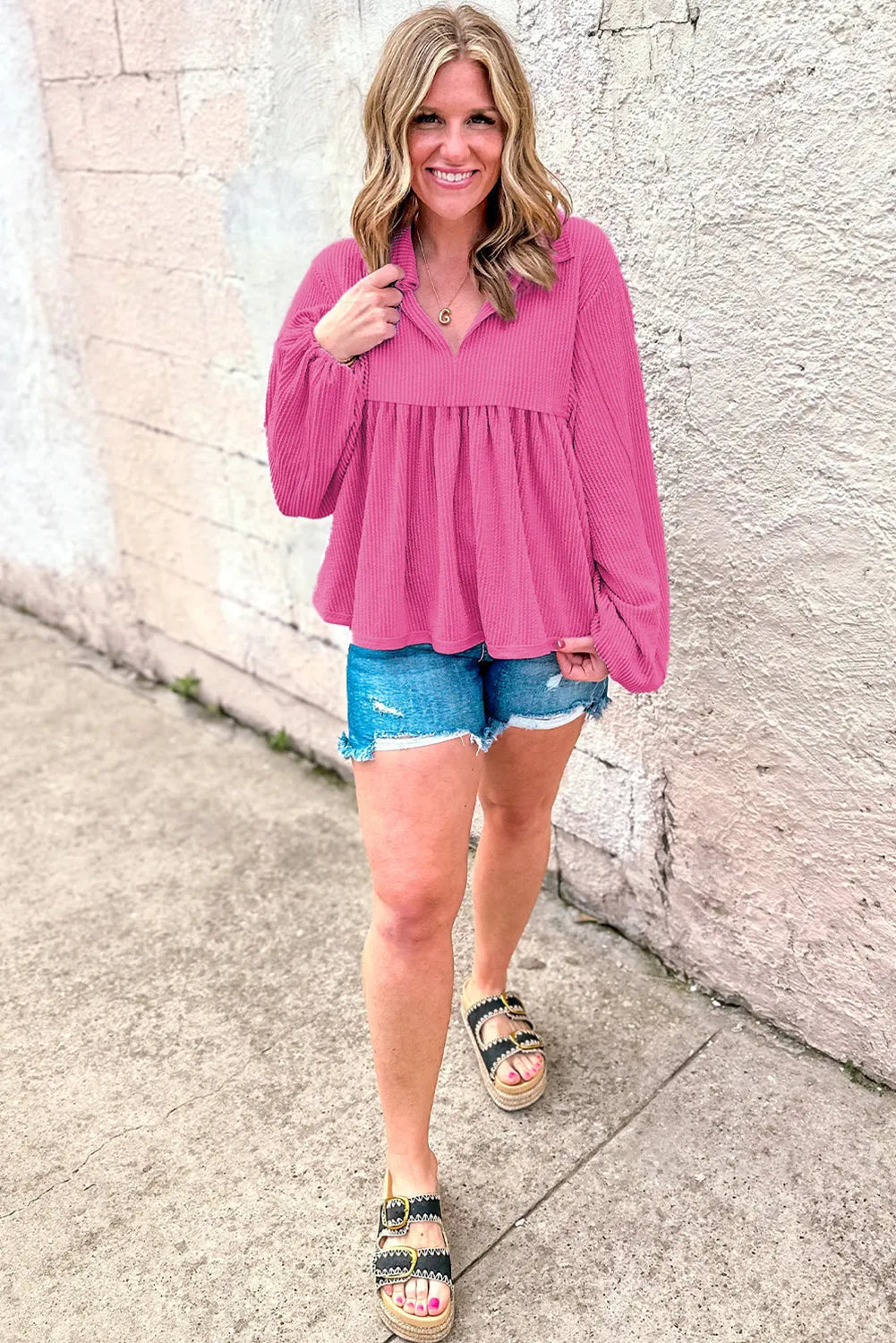 Bright Pink Corded Turn-down V Neck Bubble Sleeve Babydoll Blouse - Chic Meadow Boutique 