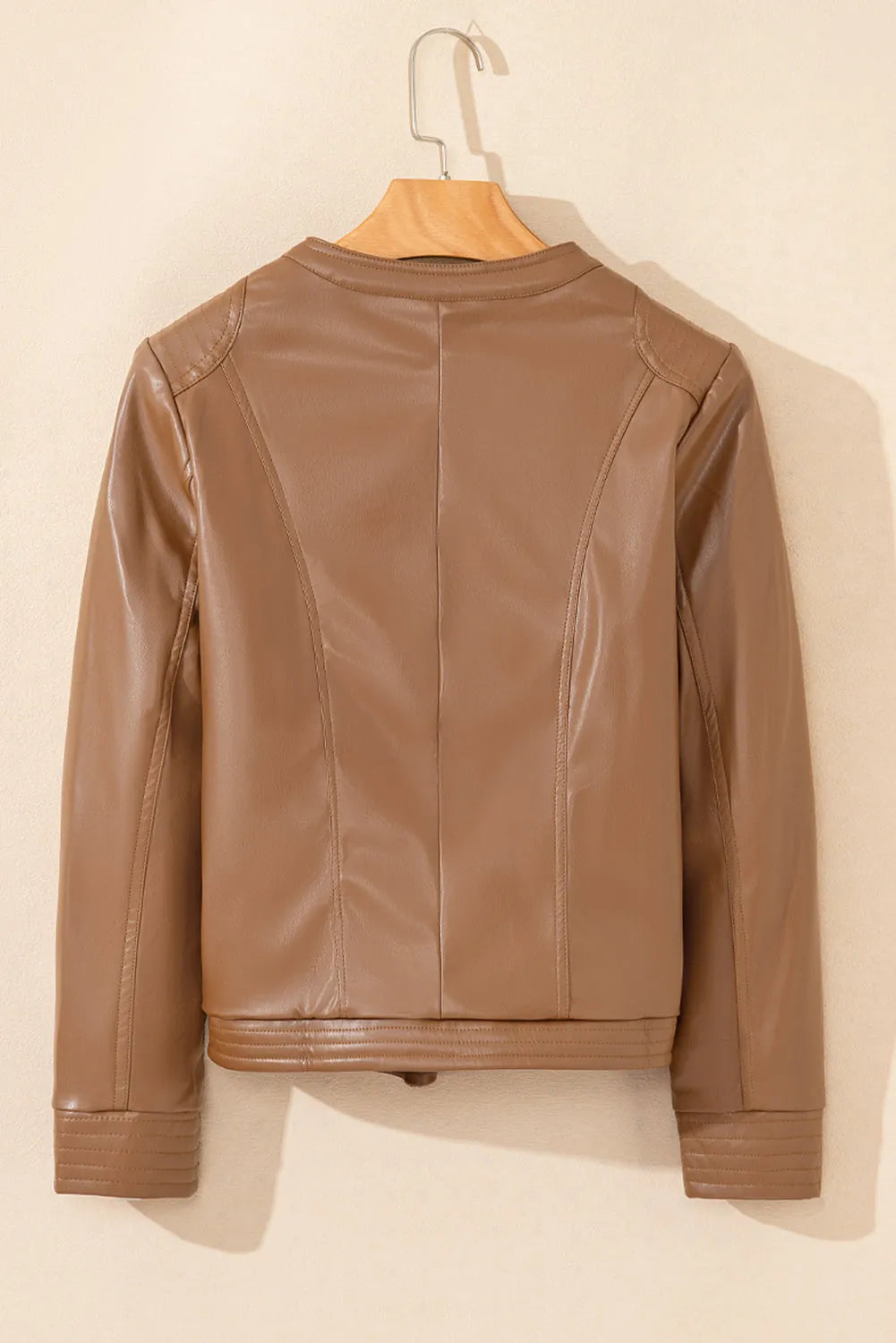 Chestnut Solid Faux Leather Zipper Slim Fit Jacket - Chic Meadow Boutique 