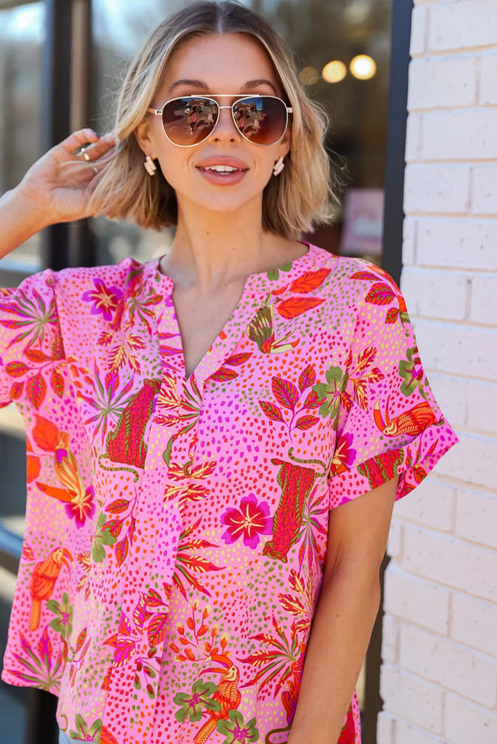 Rose Jungle Floral Print Notch V Neck Blouse - Chic Meadow Boutique 