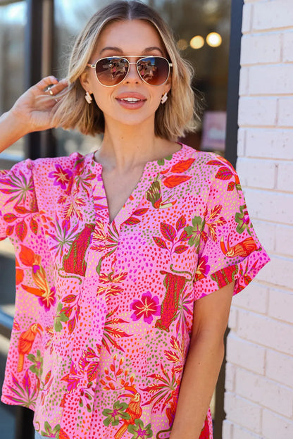 Rose Jungle Floral Print Notch V Neck Blouse - Chic Meadow Boutique 