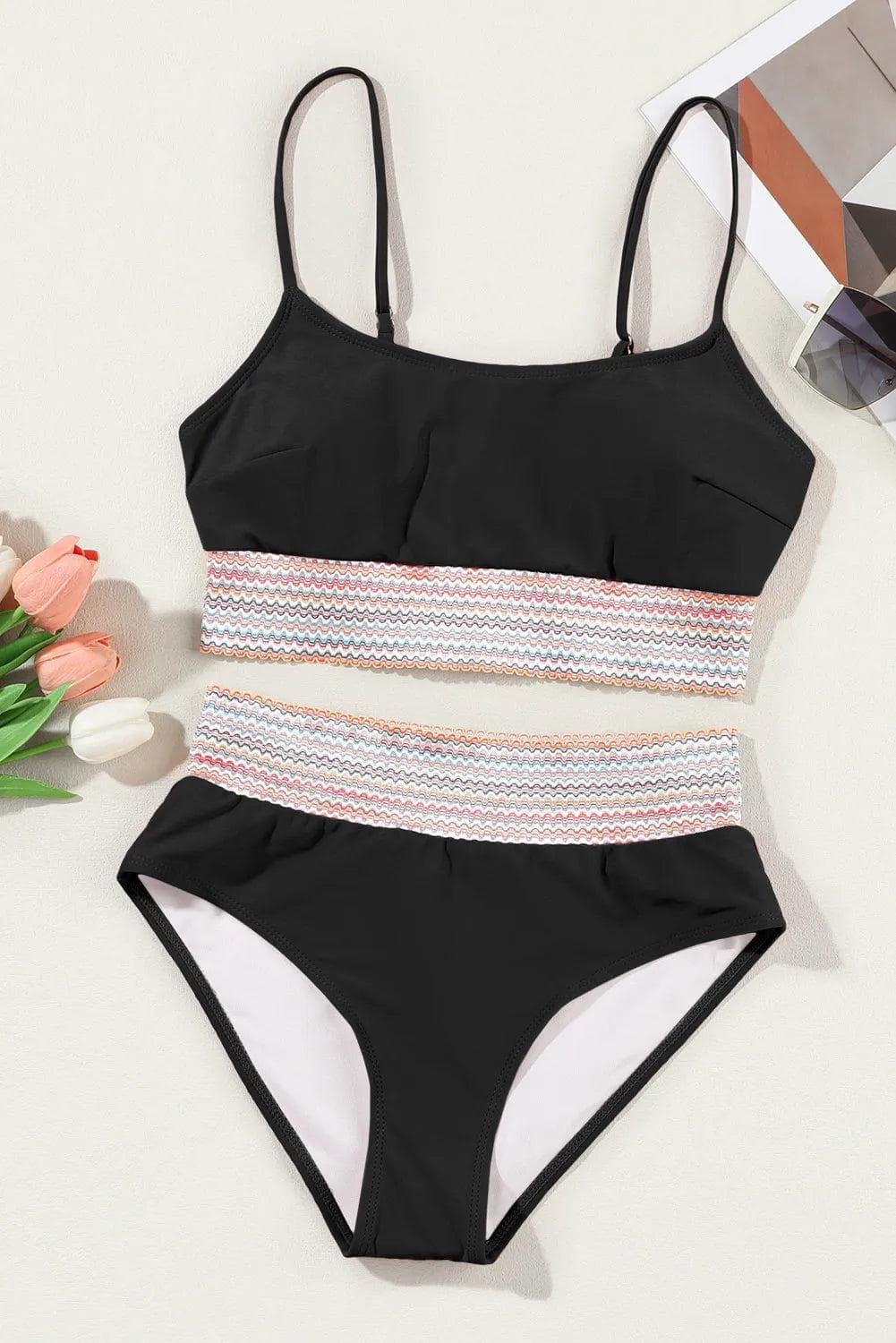 Swimwear/High Waisted Swimsuit Black Striped Patchwork Spaghetti Strap High Waist Bikini Swimsuit