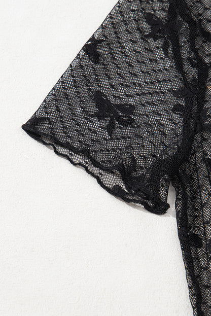 Black Bow Knot Dotted See-through Mesh Patched Slim Fit Blouse