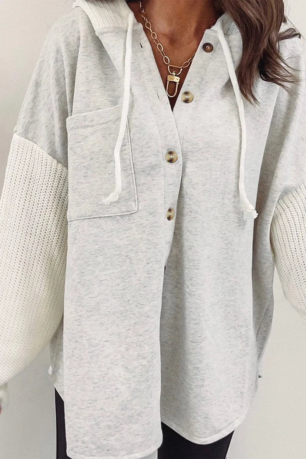 Gray Button Up Contrast Knitted Sleeves Hooded Jacket - Chic Meadow Boutique 