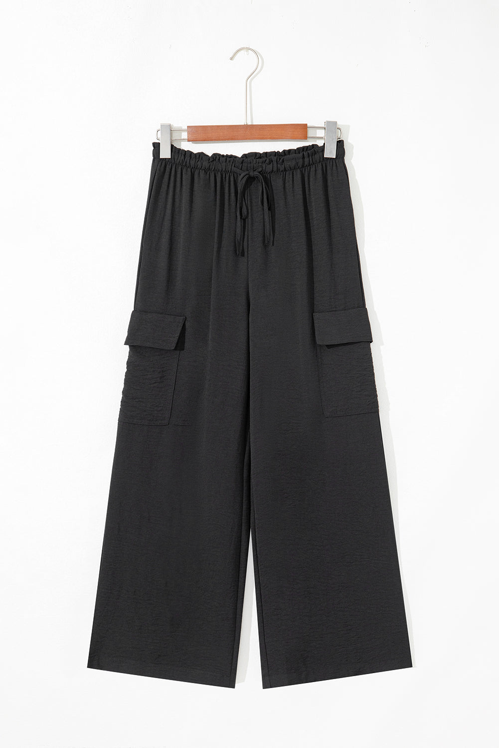 Black Drawstring Frilled Waist Wide Leg Utility Trousers