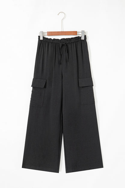 Black Drawstring Frilled Waist Wide Leg Utility Trousers