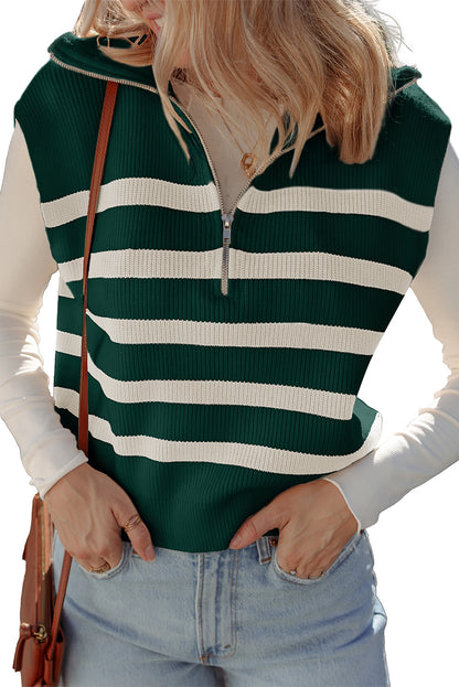 Blackish Green Ribbed Half Zip Collared Sweater Vest