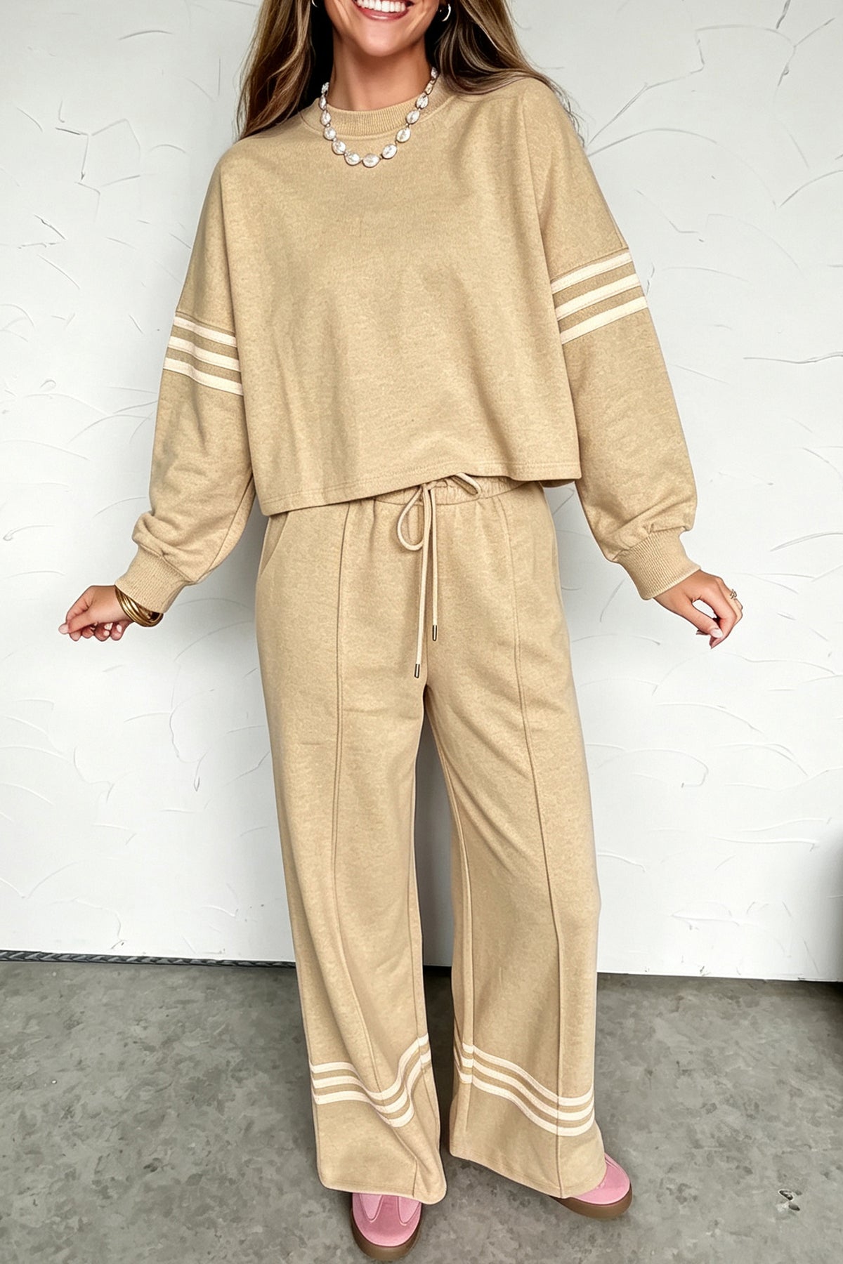 Parchment Contrasting Striped Detail Long Sleeve Top Loose Pants 2pcs Set