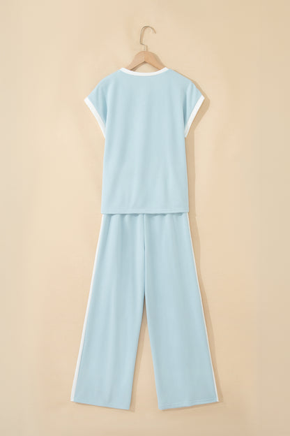 Mist Blue Contrast Trim Round Neck Pocketed Boxy Tank Top Wide Leg Pant Set
