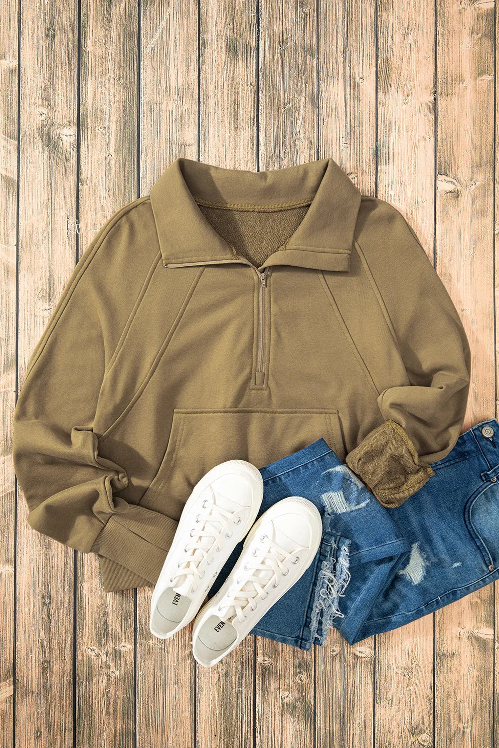 Brown Quarter Zip Stand Neck Kangaroo Pocket Sweatshirt - Chic Meadow Boutique 