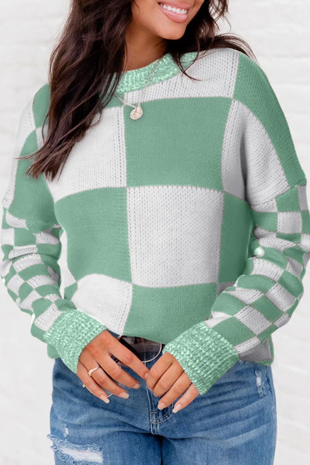 Tops/Sweaters & Cardigans Mint Green Checkered Print Drop Shoulder Sweater