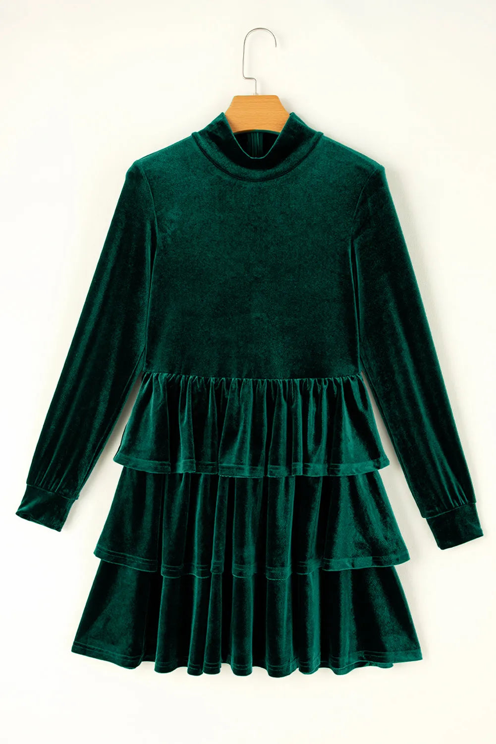 Evergreen Velvet High Neck Tiered Ruffle Mini Dress - Chic Meadow Boutique 