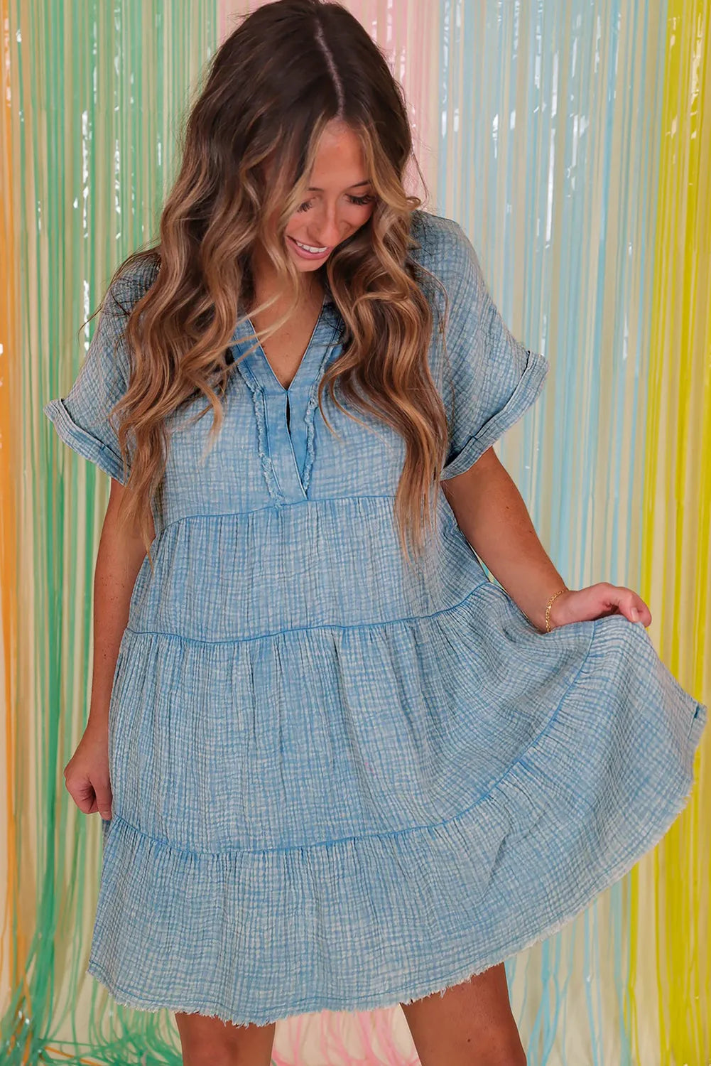 Beau Blue Mineral Wash Crinkle Split Neck Raw Hem Tiered Dress - Chic Meadow Boutique 