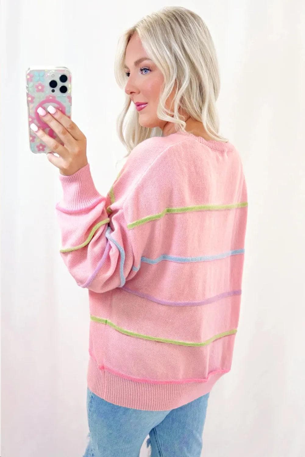 Sweaters & Cardigans/Sweaters Pink Rainbow Stripes Drop Shoulder Baggy Henley Sweater