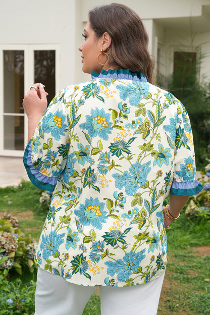 Sky Blue Plus Size Frilled V Neck Short Sleeve Floral Blouse