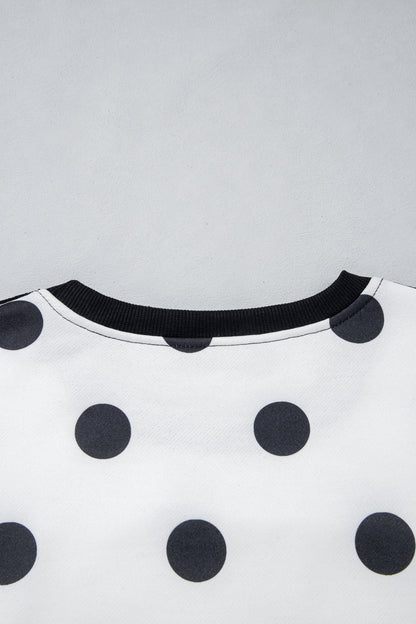 White Polka Dot Contrast Patchwork Round Neck Baggy Sweatshirt