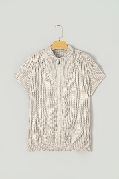 Jet Stream Solid Color Short Sleeve Zipper Knit High Neck Sweater