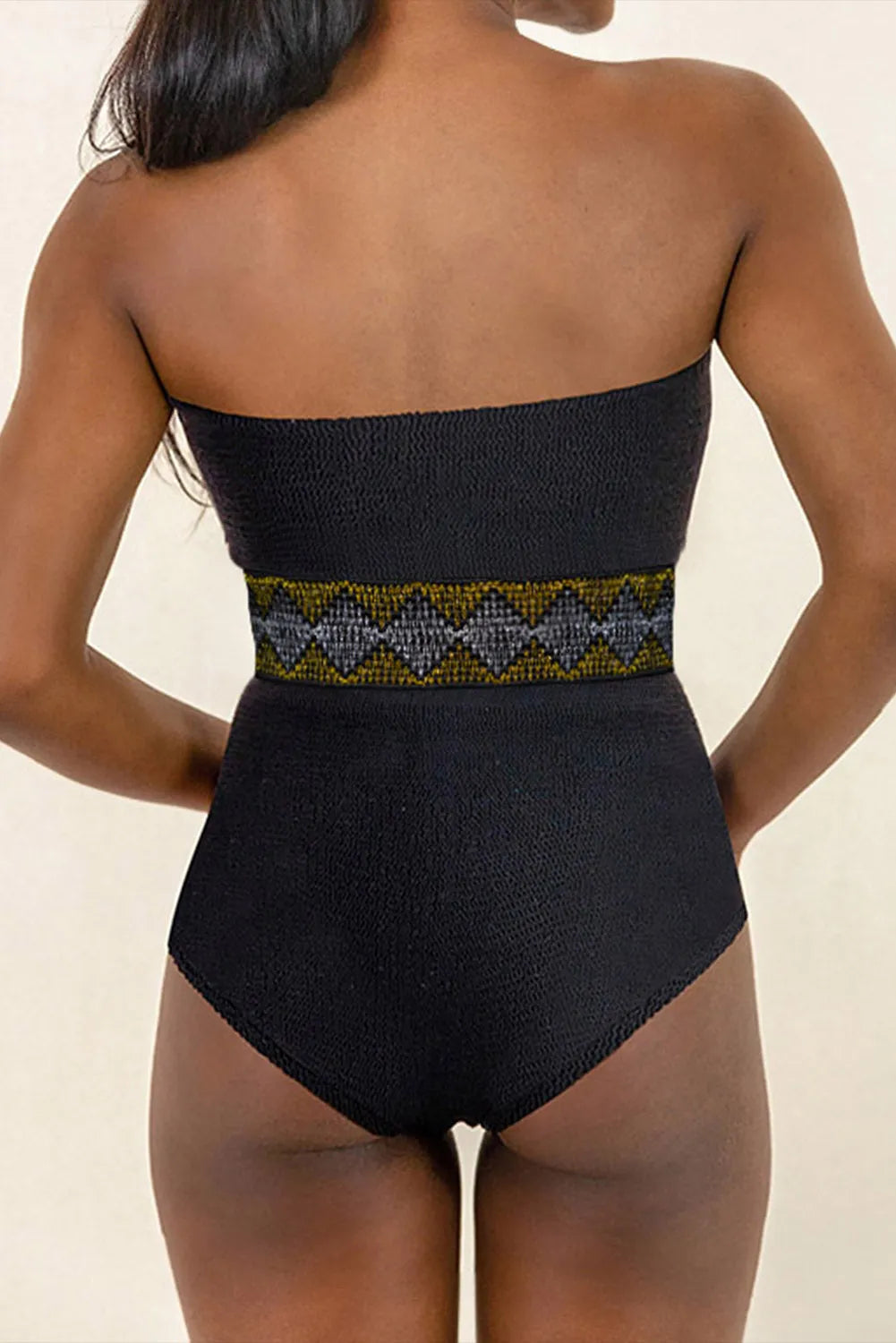 Black Geometric Trim High Waist Strapless One Piece Swimsuit - Chic Meadow Boutique 